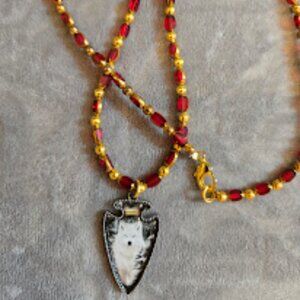 White Wolf Necklace w Red n Gold beads
